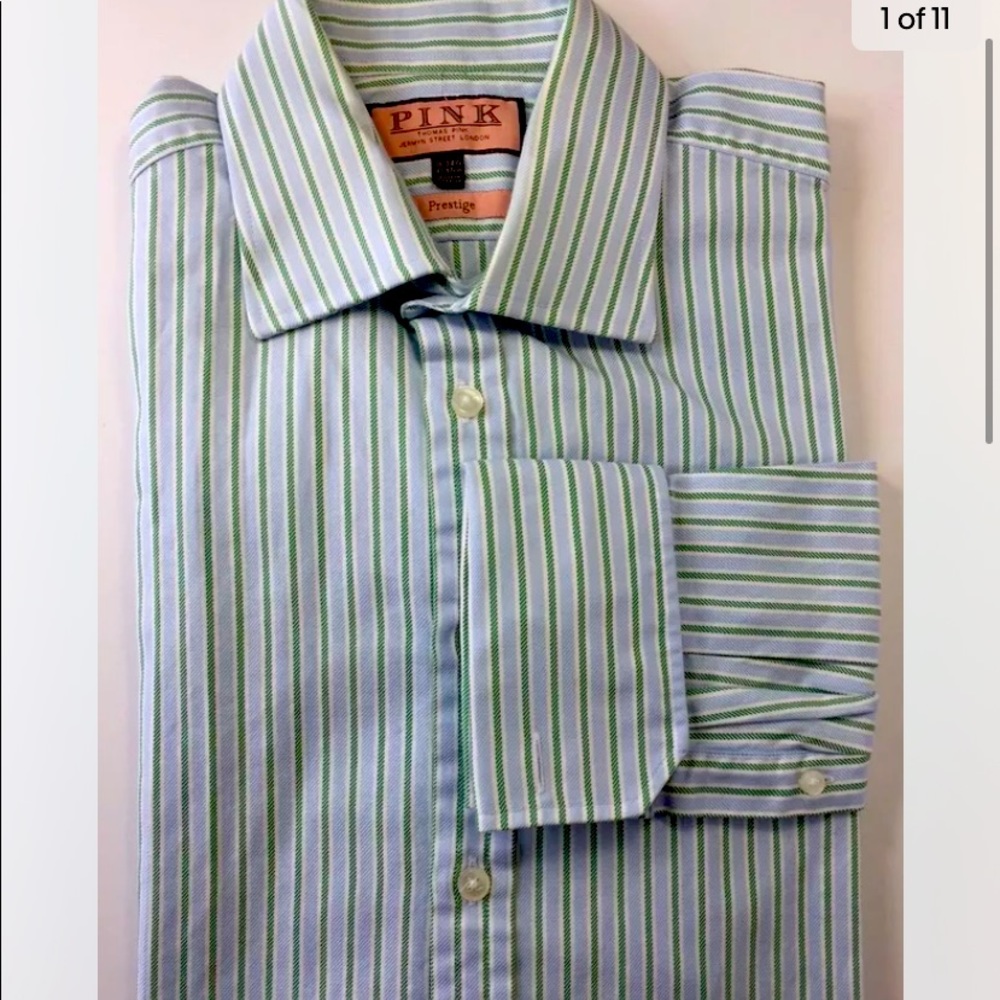 Thomas Pink Prestige Men Long Sleeve Dress Shirt Blue Green Stripe 16